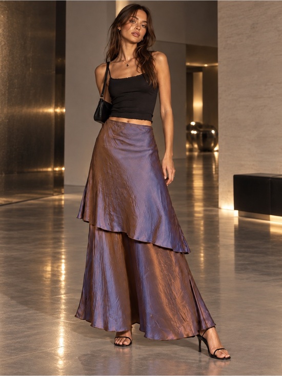 Hannah Dresses & Skirts - RARE Vintage Metallic Iridescent Layered Skirt Asymmetrical Y2K Bronze Taupe